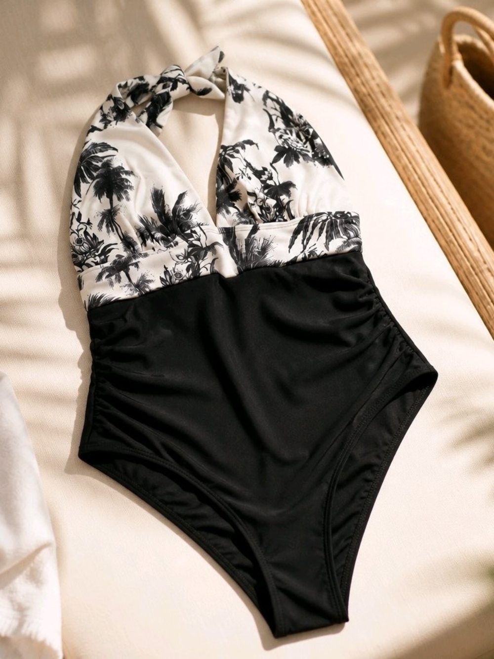 Black & White Tropical Halter One-Piece Swimsuit